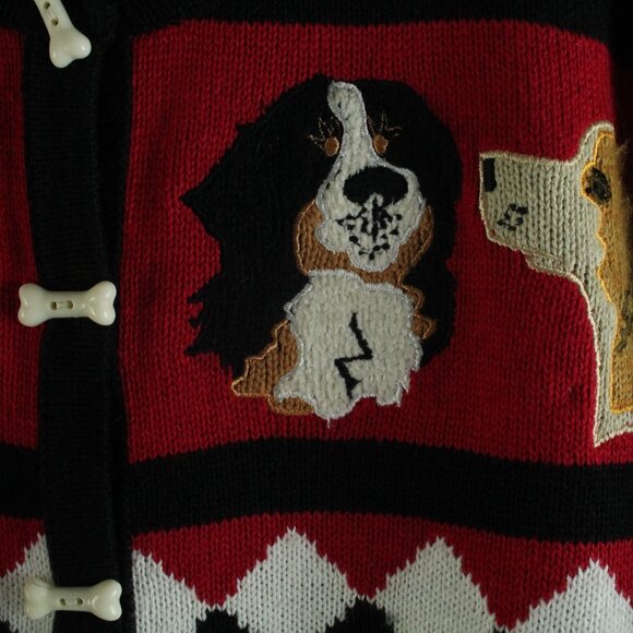 Storybook Knits Diamond Dogs Black Red Pooch Pup Bone Button Sweater Cardigan L - Picture 5 of 8